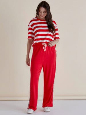 Evelyn Wide Leg Jogger - Red Trim
