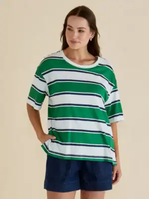 Relax Boxy Tee - Navy/Green Stripe Green