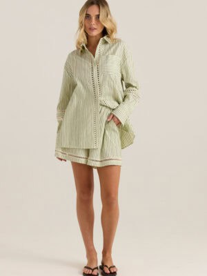 Nerida Trim Shirt - Olive Cream Stripe